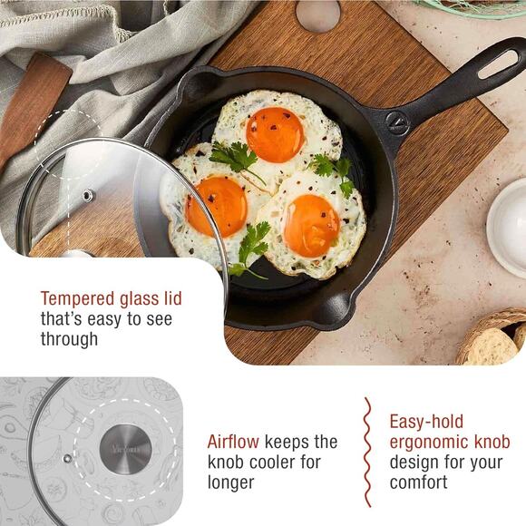 Victoria Round 8-Inch Glass Lid for Cast Iron Skillet or Pan w Stainless Knob - Picture 9 of 10